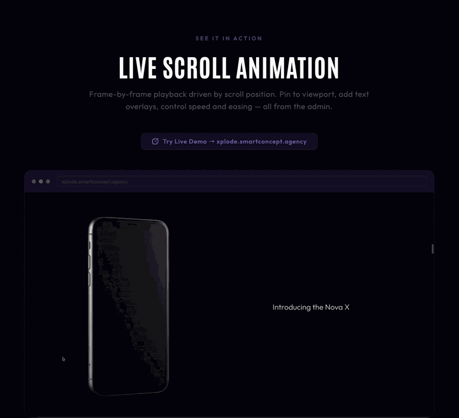 Xplode Motion - Scroll-Driven Frame Animation Plugin for WordPress